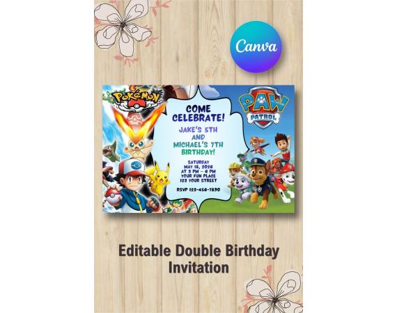 Twin Pokémon and  Paw Patrol Invitation | Canva Template